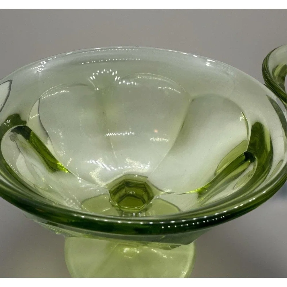 Vintage Pair Green Depression Cup Sherbet Glass Dish Hex Footed Anchor Hocking